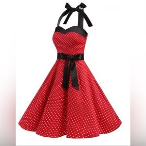 Vintage 1950s Rockabilly style dress red with white polka dots and is a size L.